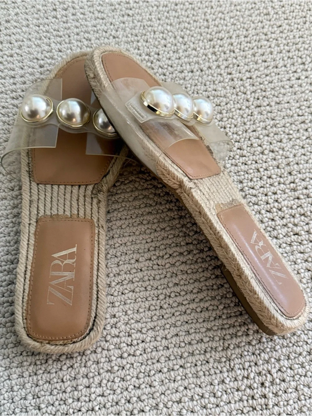 ZARA Clear Pearl-Trim Espadrille Slide - Tan & Pearl - Picture 2 of 4